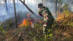 Babinsa Koramil 17/Dayeuhluhur Bersama Warga Padamkan Kebakaran Lahan Karet 