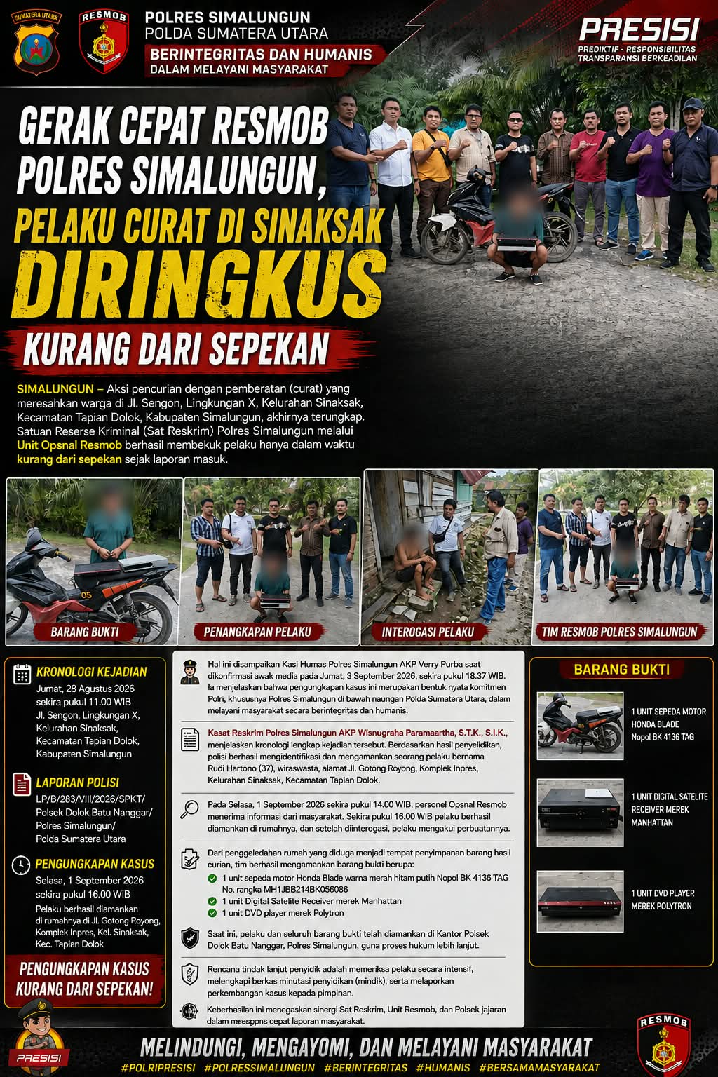 Gasak Motor dan Perangkat Elektronik di Tapian Dolok, Pelaku Curat Diringkus Tim Resmob Polres Simalungun dalam 4 Hari